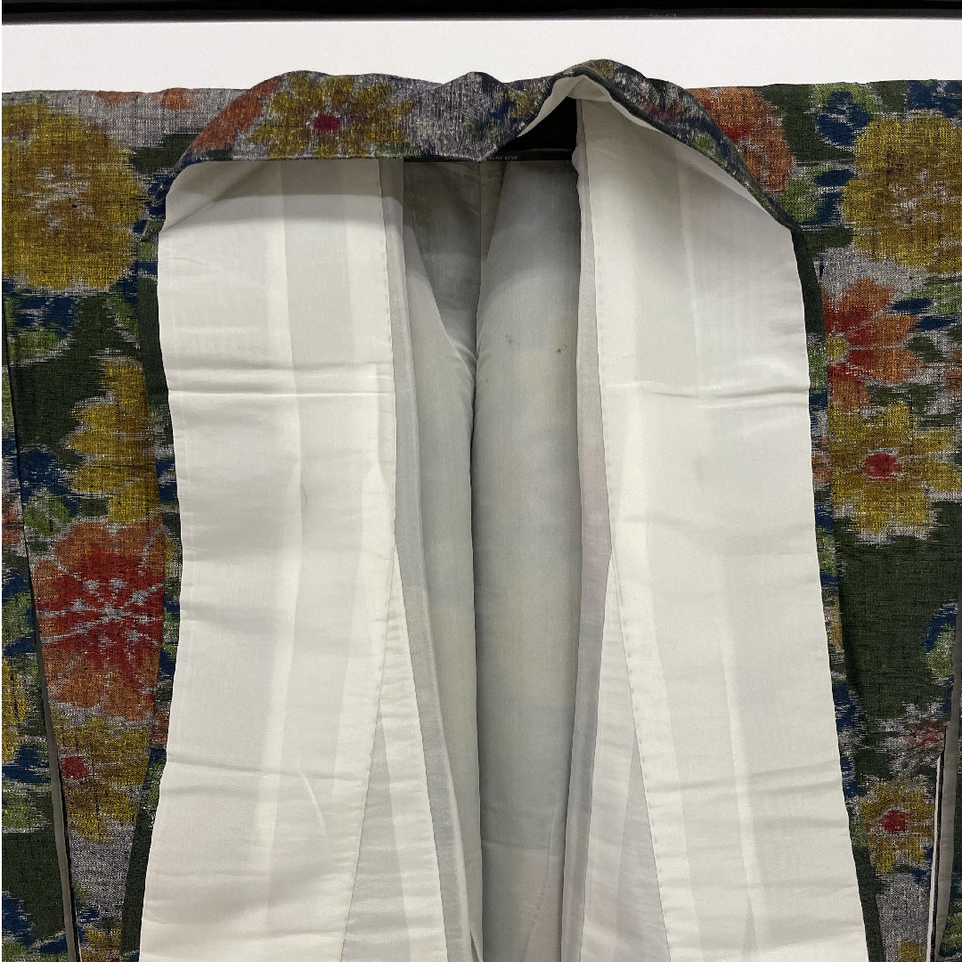 紬 身丈151.5cm 裄丈61.5cm 草花 正絹 美品 袷 濃緑 1116000153219