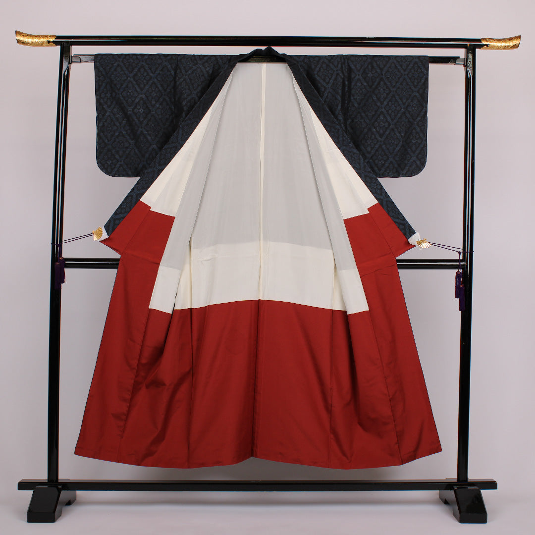 大島紬 身丈152cm 裄丈61cm 割付文様 正絹 美品 袷 紺 1116000303218