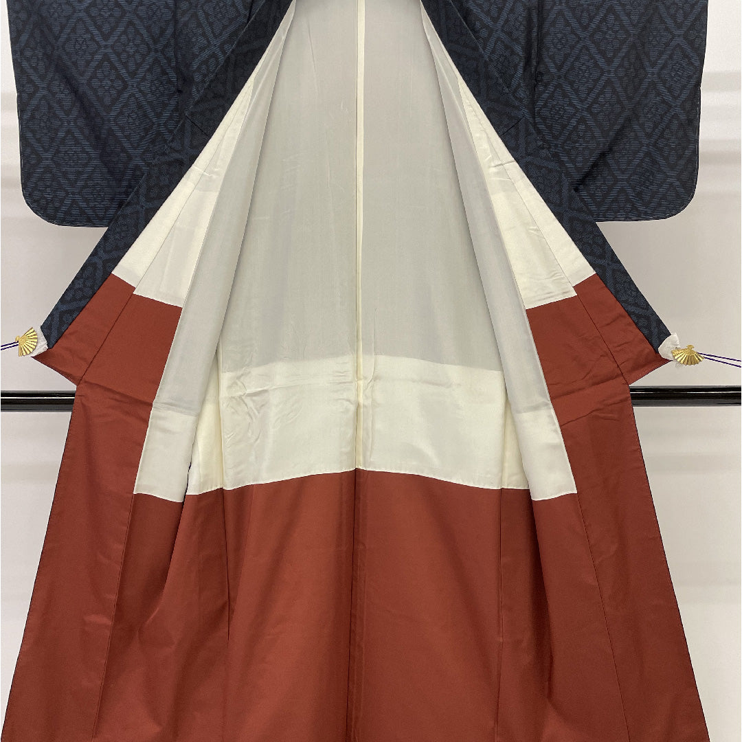 大島紬 身丈152cm 裄丈61cm 割付文様 正絹 美品 袷 紺 1116000303218