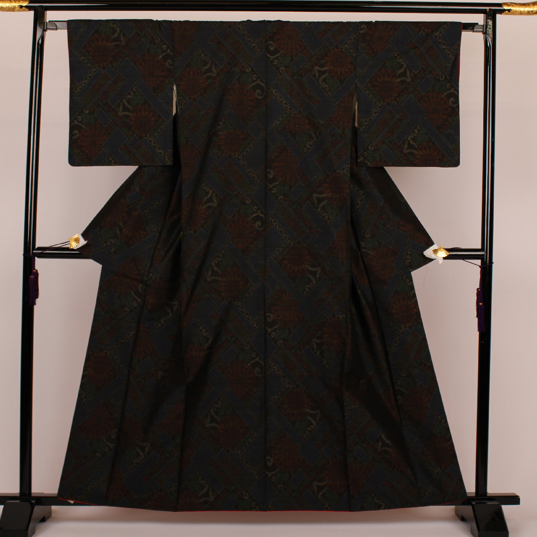 大島紬 身丈161.5cm 裄丈65cm 割付文様 正絹 美品 袷 紺系 1116000323318